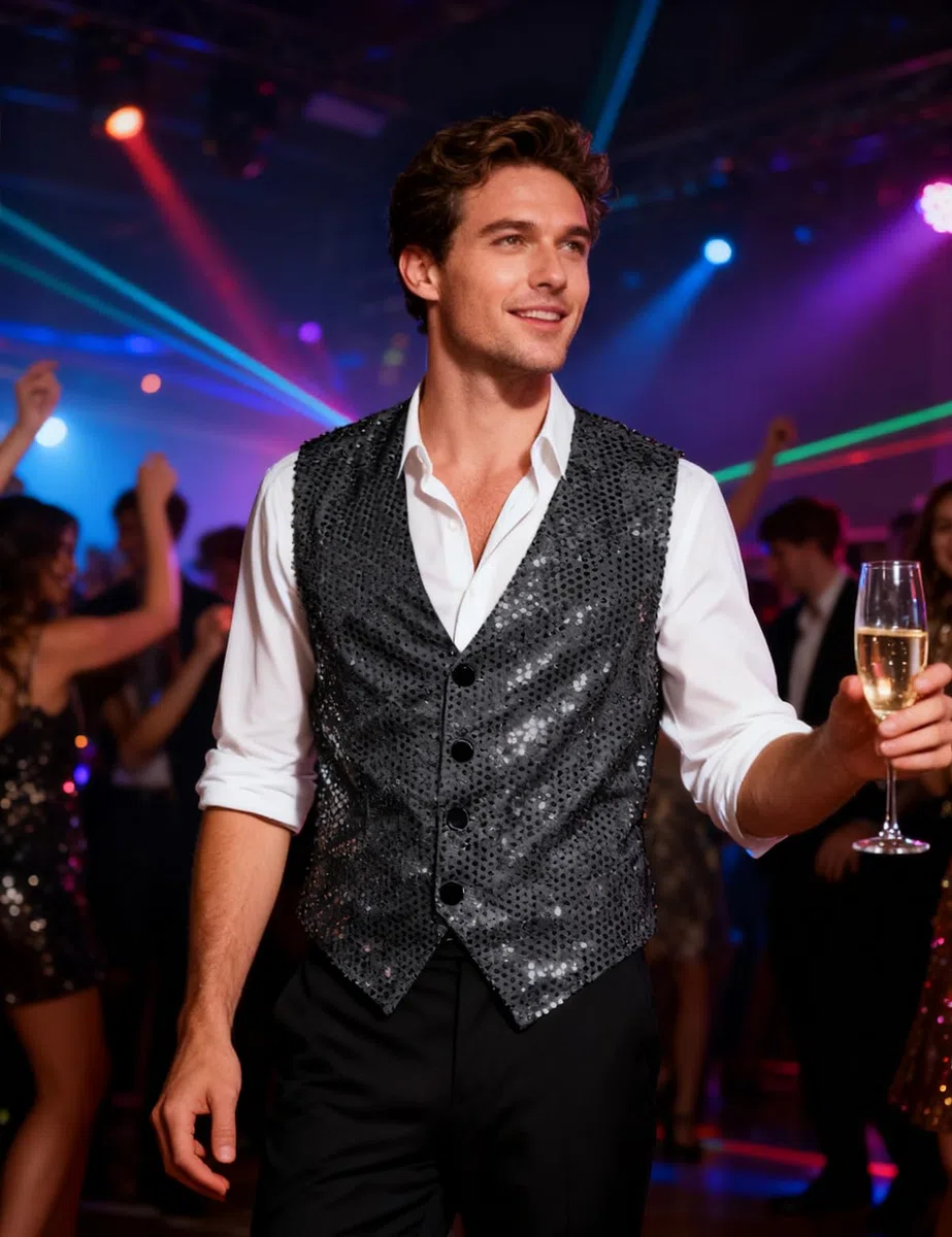 Wildarms Gilet da uomo con paillettes, papillon e vestito da ballo, per smoking, cena, scollo a V, slim fit