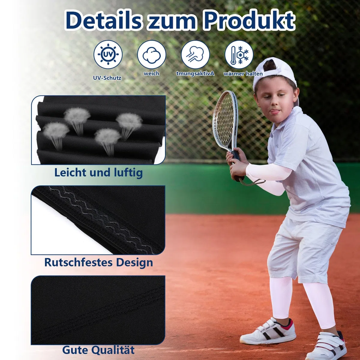 Manicotti a maniche corte per bambini, 2 paia di manicotti a compressione + 2 paia di protezioni per le ginocchia, a compressione, per ragazzi e ragazze, ciclismo, corsa, calcio