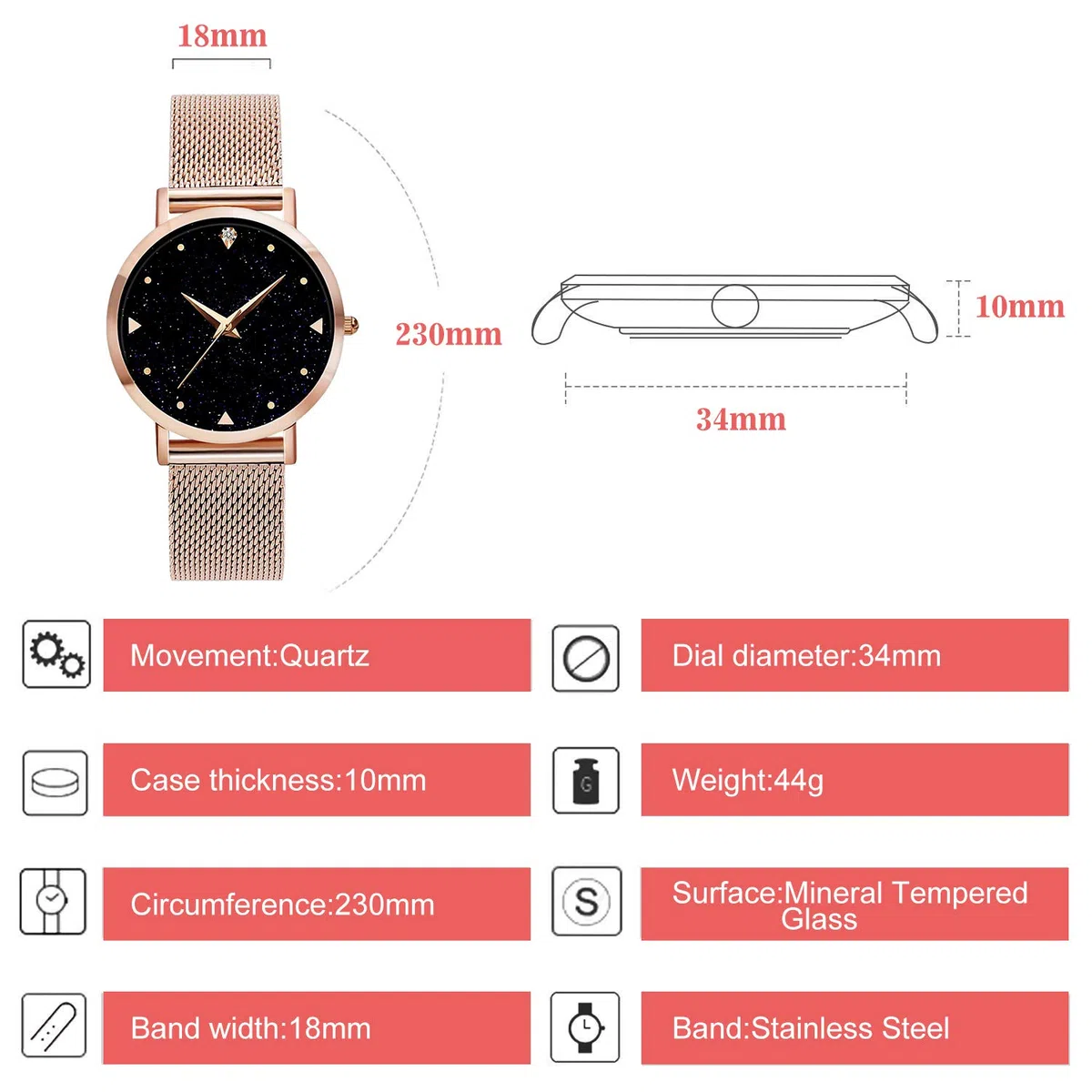 Orologi da donna ragazze, da polso al quarzo analogico Impermeabile 3ATM con cinturino in maglia di acciaio inossidabile oro rosa con quadrante blu con cielo stellato