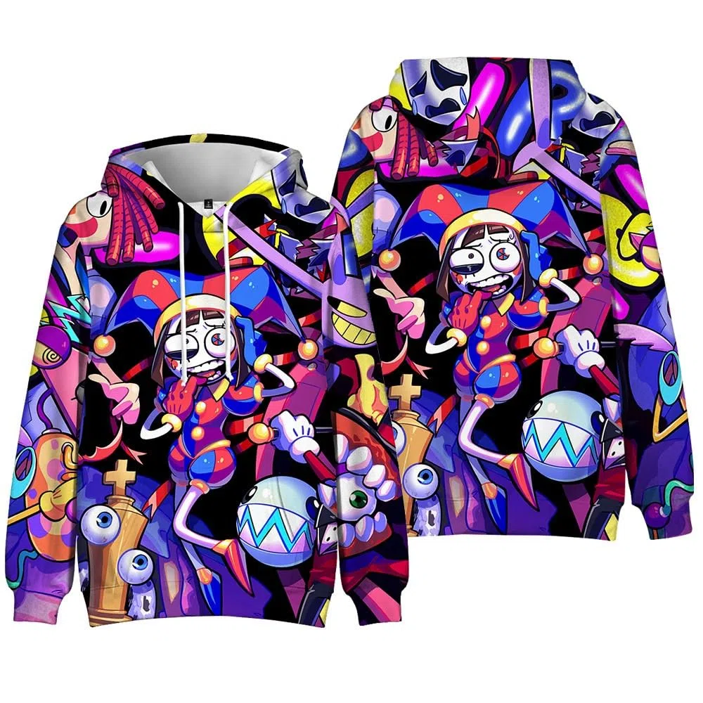 Felpa con cappuccio da uomo a maniche lunghe con stampa di cartoni animati con The Amazing Digital Circus Letters Print Blue Sweater Hoodies
