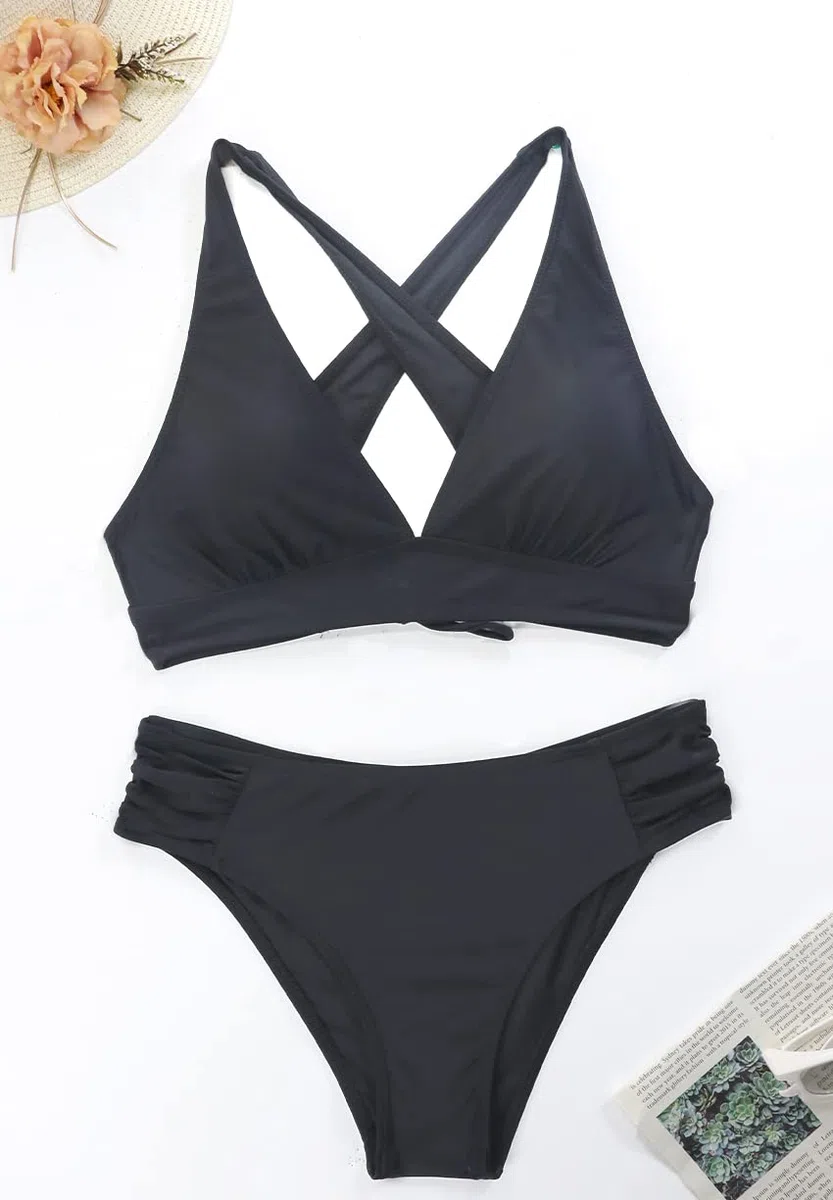 Costumi da Bagno Donna Scollo a V Triangolo Top Push-up Reggiseno Imbottito Cinturino Laterale Media Bottom Bikini Set Spiaggia Due Pezzi