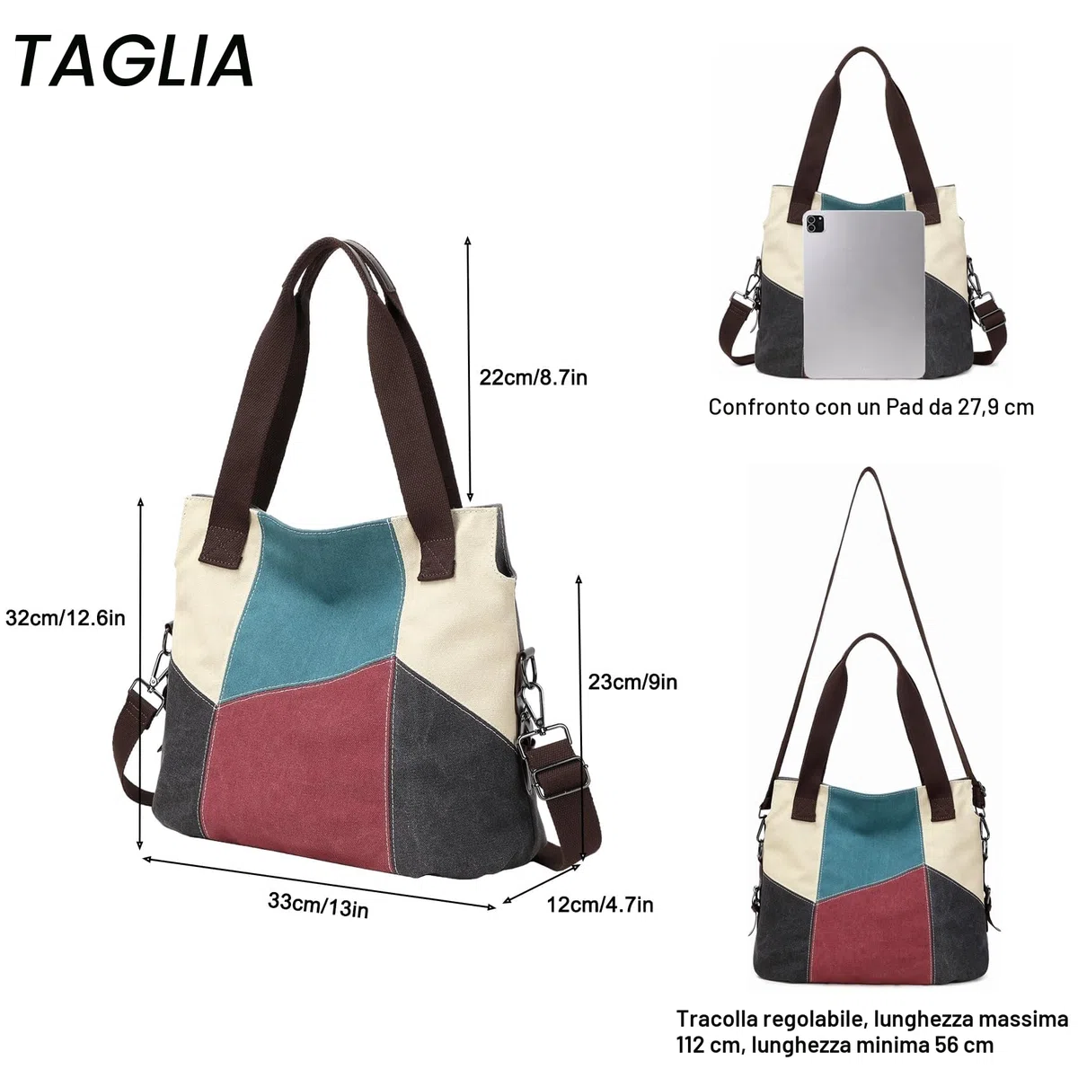 Borsa da donna in tela, casual, a tracolla, stile retrò, in tela