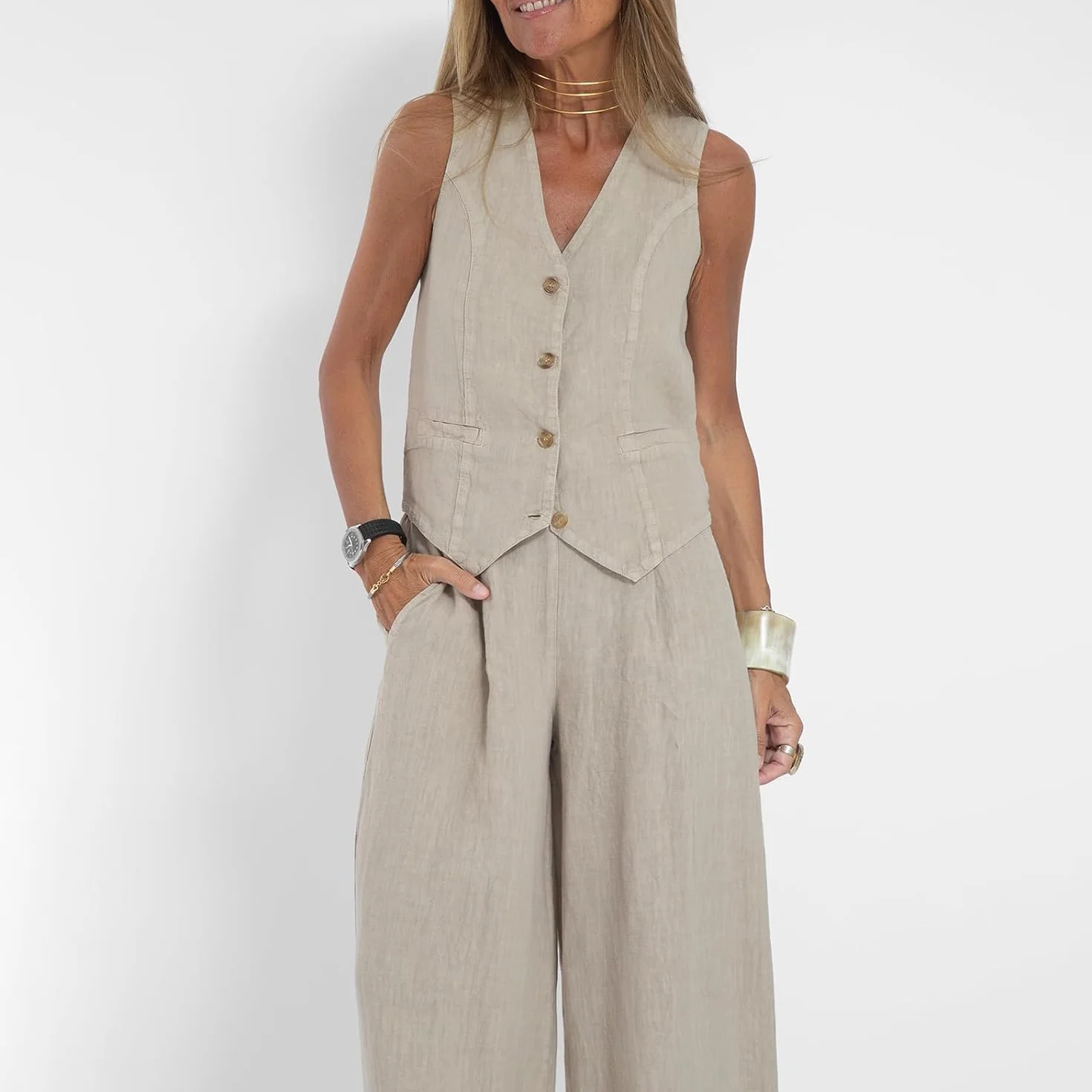 Abiti da donna Set da 2 pezzi con scollo a V senza maniche con bottoni gilet a gamba larga pantaloni a 2 pezzi blazer completo estivo in lino set abbinati