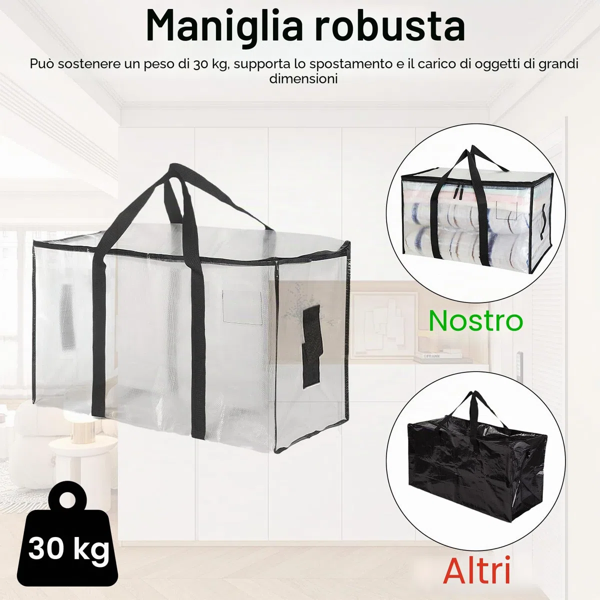 Pavlleen 4 Pezzi Borse in Plastica trasparente grandi,Borsa da 90 L trasloco grandi con cerniere e manici rinforzati,Borse di Stoccaggio Extra Large per Traslochi,stoccaggio,viaggi