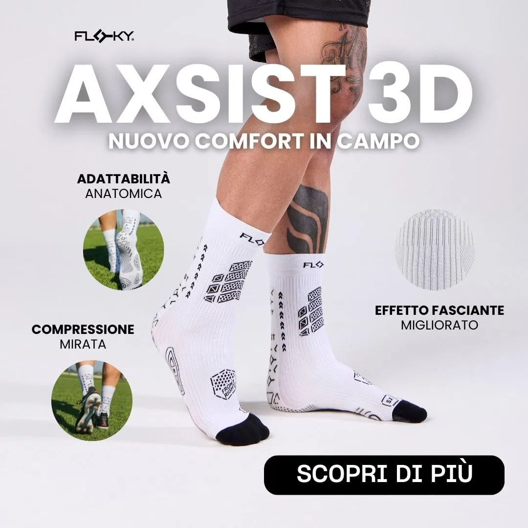 FLOKY AXIST 3D calze da calcio e rugby biomeccaniche. Calza a compressione, antiscivolo. Caviglia stabilizzata, protezione tendine d'Achille, massimo grip, supporto plantare.