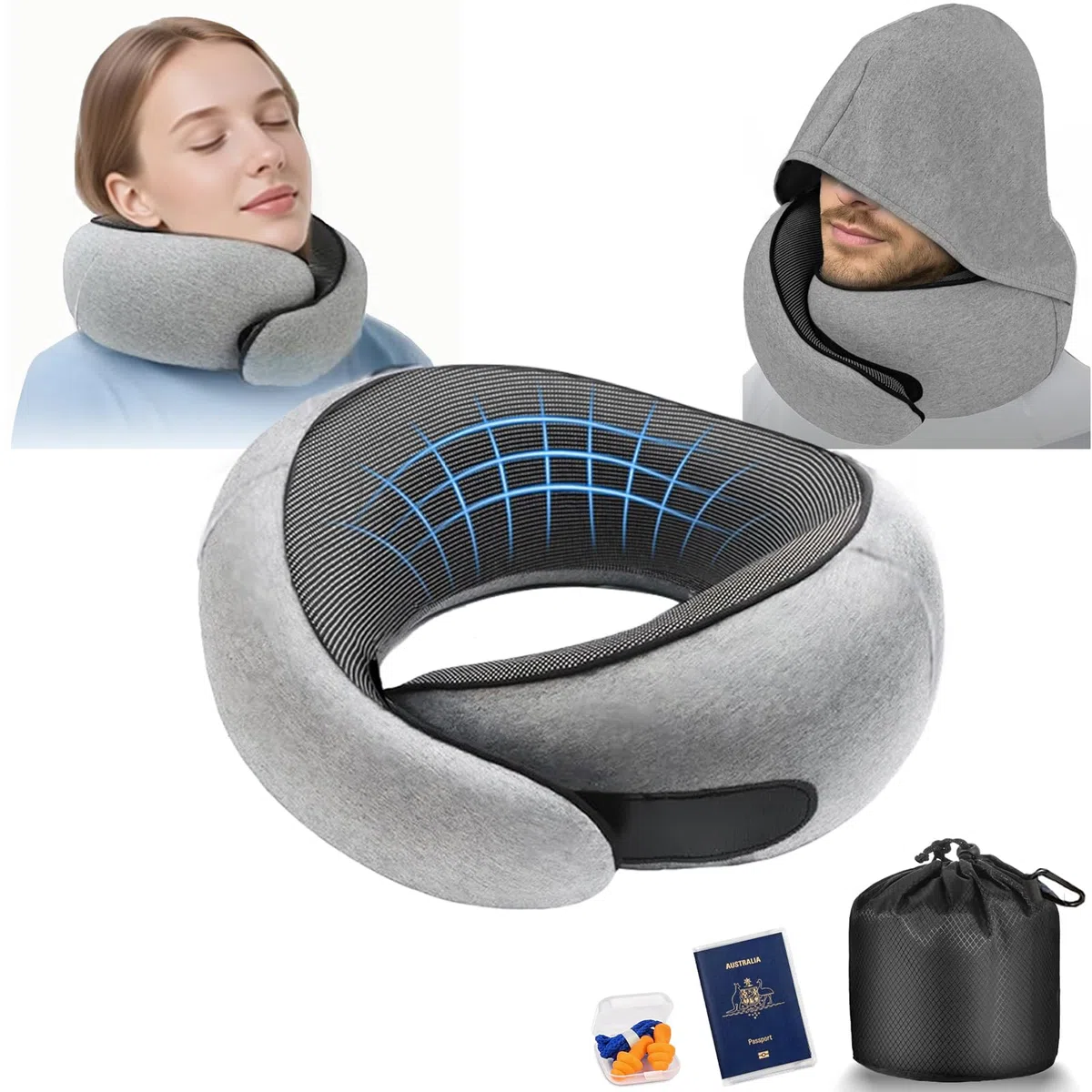 Cuscino da Viaggio Memory Foam con Cappuccio Regolabile | Cervicale Ergonomico 360° Aereo Treno Auto Ufficio | Federa Lavabile - Incluso Custodia e Tappi (Grigio Chiaro)