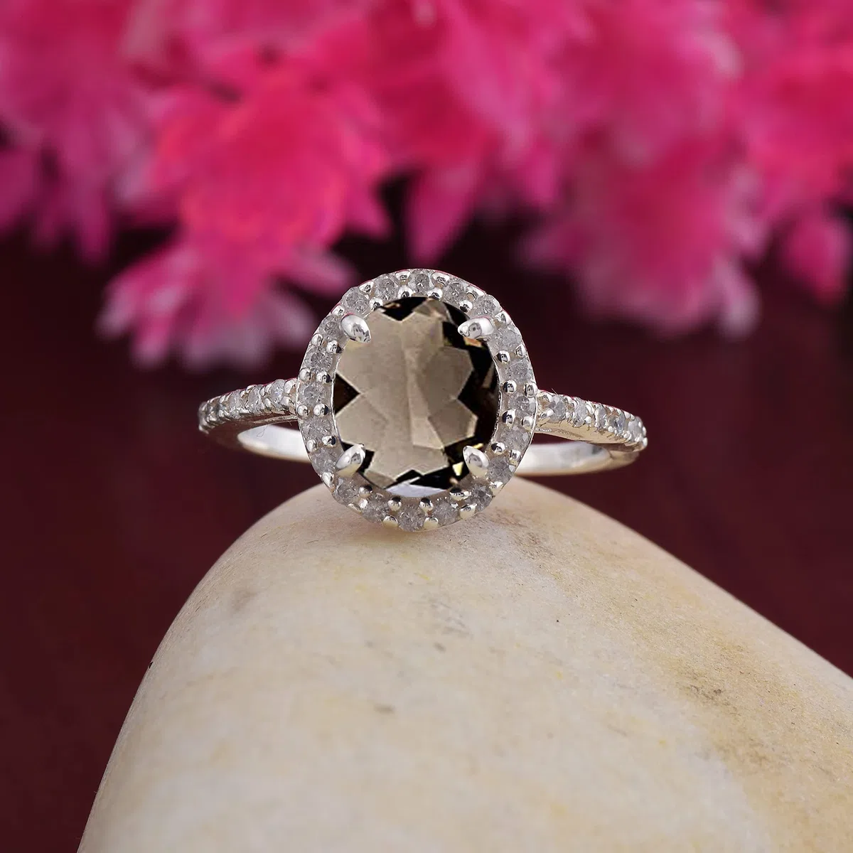 Creato pietre ovale sfaccettato quarzo fumé anello - anello d'argento 0,925 quarzo fumé marrone pietre preziose anello - gioielli accessori regalo per la fidanzata
