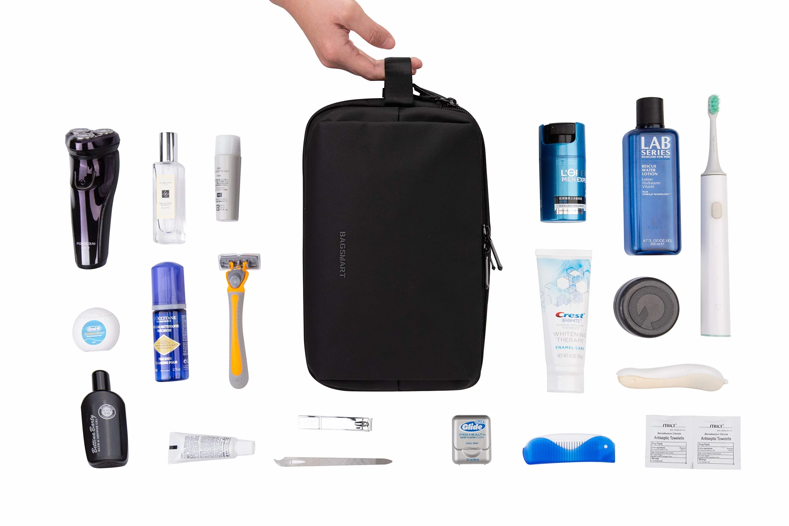 BAGSMART Beauty Case da Viaggio Uomo Donna, Borsa da Toilette con Doppia Apertura A Cerniera, Borsa per Cosmetici, 5 L, Pellicola in Pelle Nera