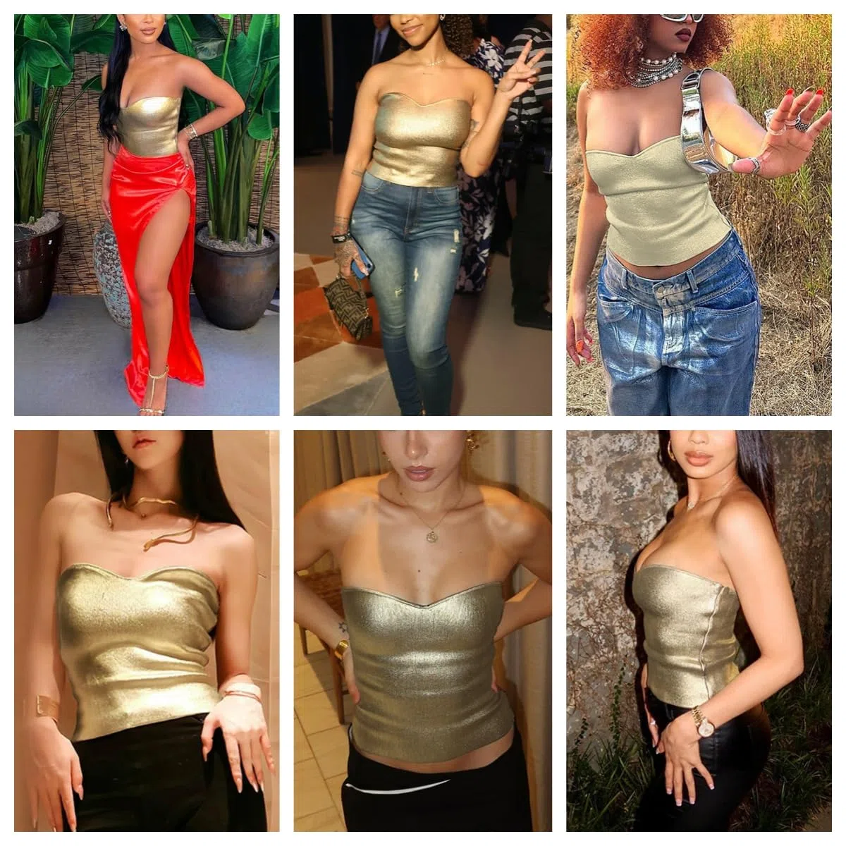 Donne Tops tubolari in PU,Tops bandeau senza spalline in pelle dorata, corpetti aderenti spalle nude, maglia metallici lucidi per feste club, maglia base casuali elasticizzati senza per rave festival