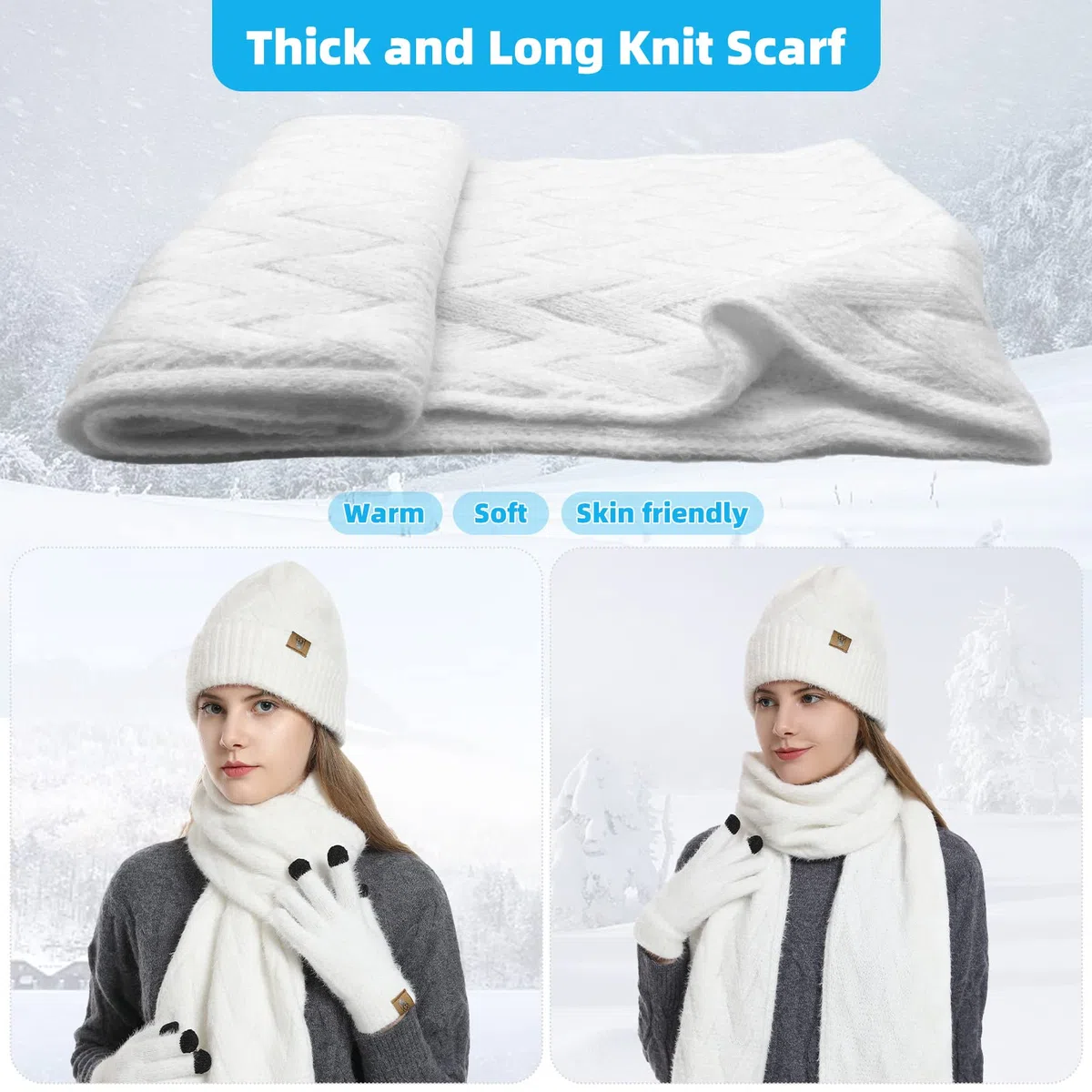 Sciarpa Donna e Berretto Guanti Touch Screen Invernali 3 Pz Cappello Fodera in Pile e Guanti Termici Set Regalo Donna