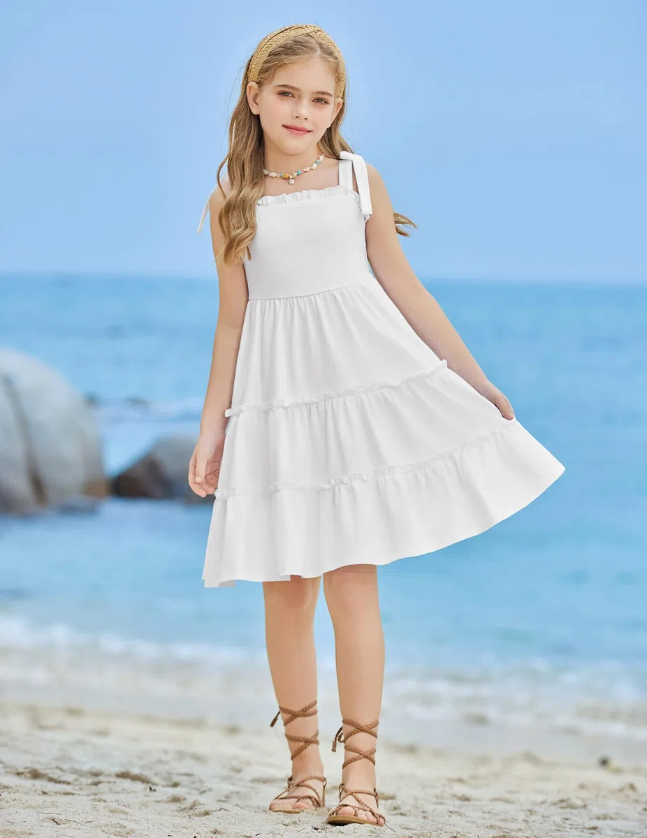 Arshiner Ragazze Abito Spalline a Papillon Bambini Vestito Cotone Estivo Elegante Abiti Senza Maniche A Tapezio Abito per Ragazze 5-14 Anni