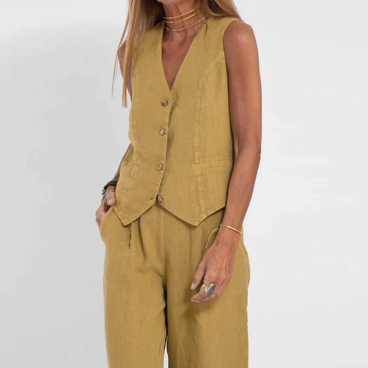 Mrat Set completo da donna con gilet e pantaloni, in cotone e lino, set completo, 2 pezzi, senza maniche, scollo a V, con bottoni, pantaloni a gamba larga, 2 pezzi, giacca per lavoro, ufficio