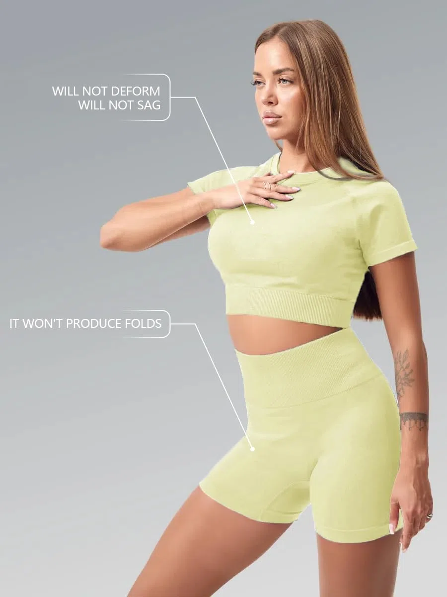 Workout Sets per Donne 2 Pezzi Top Crop Senza Cuciture e Pantaloncini Alta Vita Abbigliamento Yoga Fitness Palestra Casual