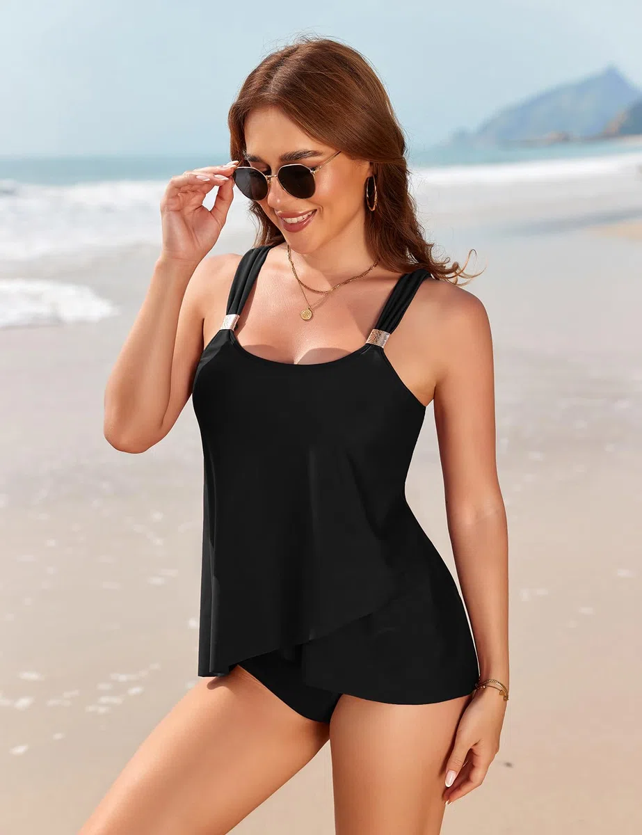 Svanco Tankini Donna Mare Curvy Costumi da Bagno Tankini, Traghetti Eleganti e Orlo Stratificato Fluido, Copertura Addominale