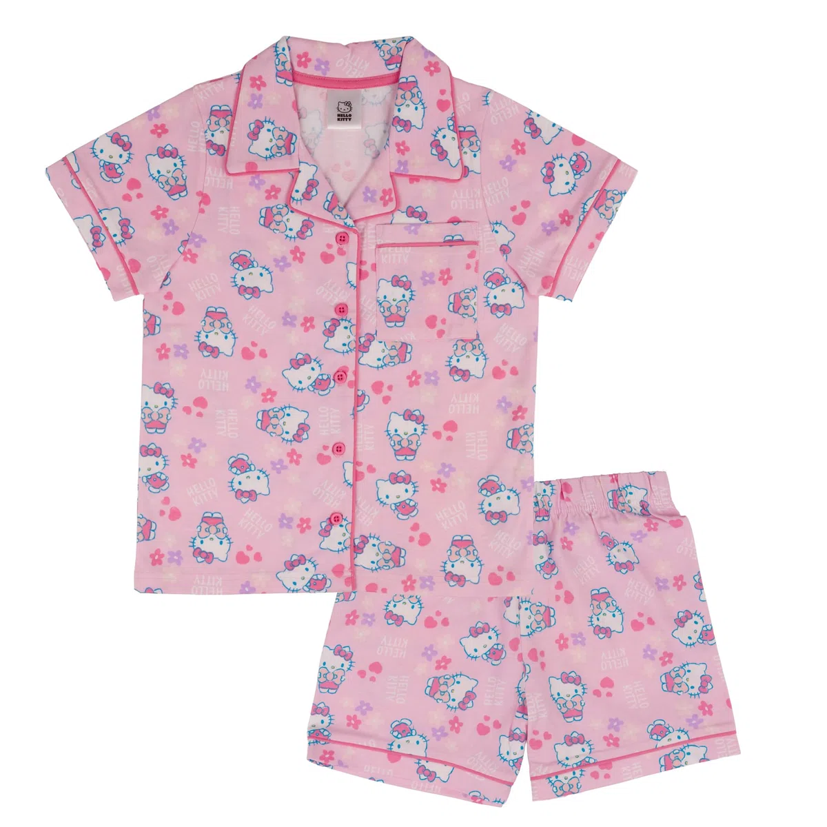 Hello Kitty, 100% Cotone con Bottoni Pigiama a Maniche Corte, Pink, Rosa