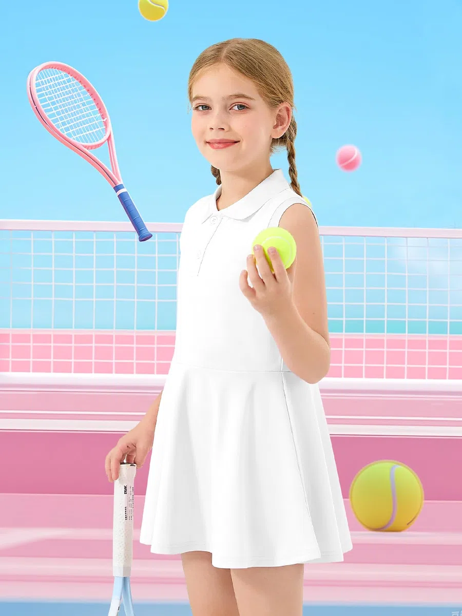 Vestito da Tennis per Bambina con Pantaloncini Abito Ragazze Sportivo Senza Maniche Polo Golf Dress con 2 Tasche 5-15 Anni