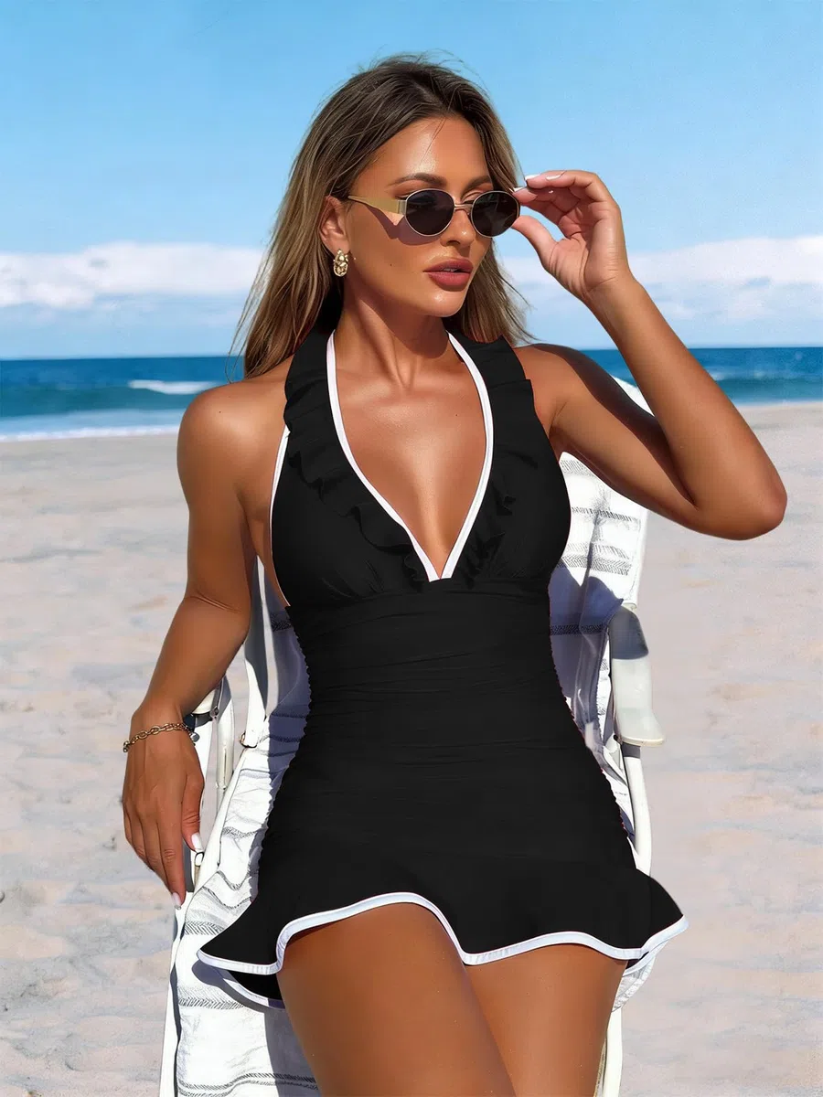 JFAN Tankini Donna Mare Curvy Costume da Bagno Due Pezzi Scollo V e Volant Tankini Gonna con Slip da Bagno