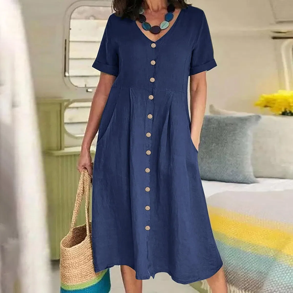 Abito da Donna in Cotone e Lino con Bottoni, Maxi Abito Casual con Scollo a V e Maniche Corte, Tinta Unita, Leggero, Ampio, con Tasca