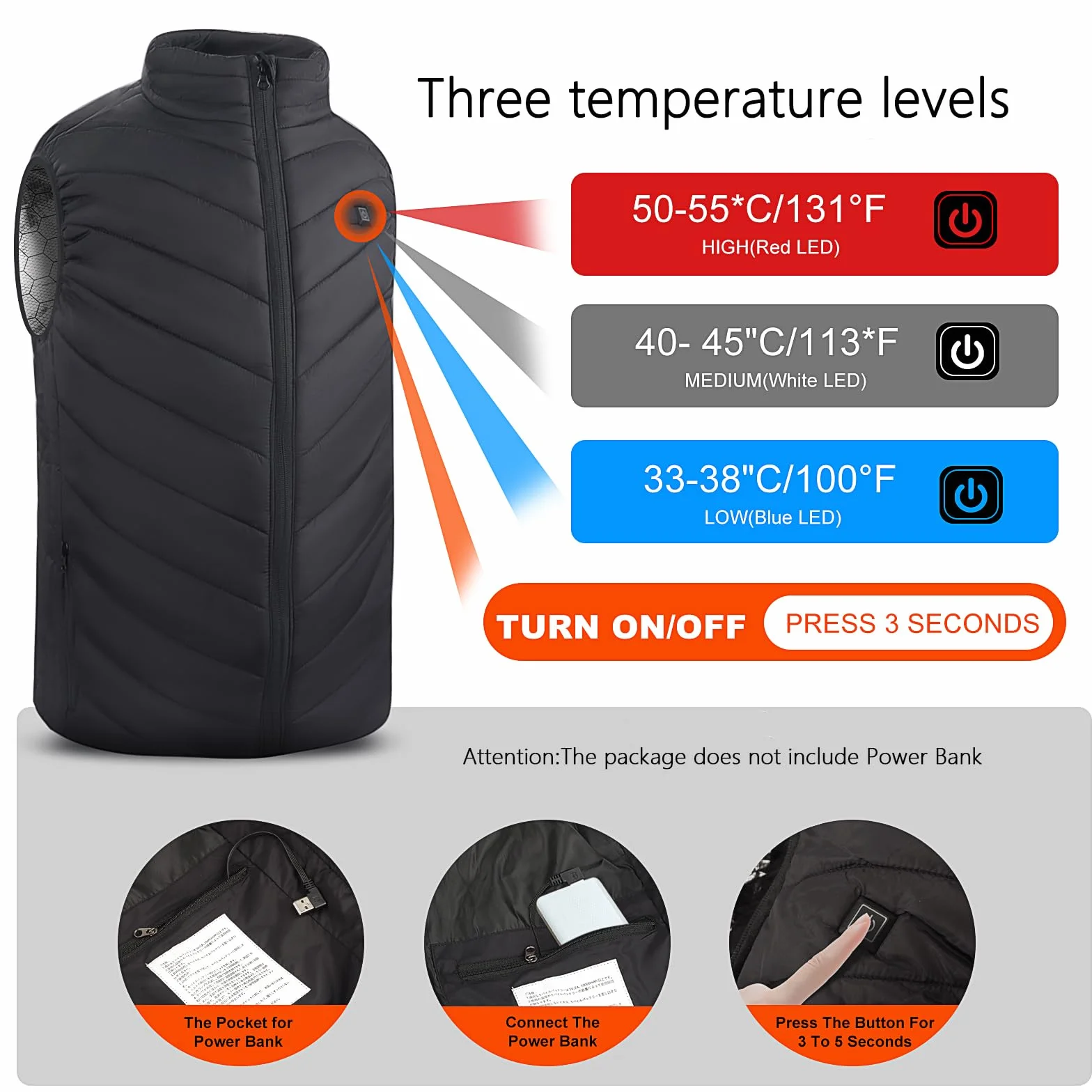 Monave Gilet Riscaldato Uomo,Giubbotto Riscaldato con 9 Elementi Riscaldanti in Fibra di Carbonio 3 Livelli di Temperatura Controllo a Doppio Pulsante per Moto Pesca Attività all'Aperto Nero