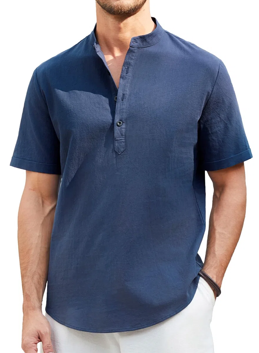 Enlision Camicia Lino Uomo Manica Corta Camicie Estive Uomo Collo Coreana Elegante Casual Spiaggia Ampia Maglietta Lino con Bottoni Henley Shirt