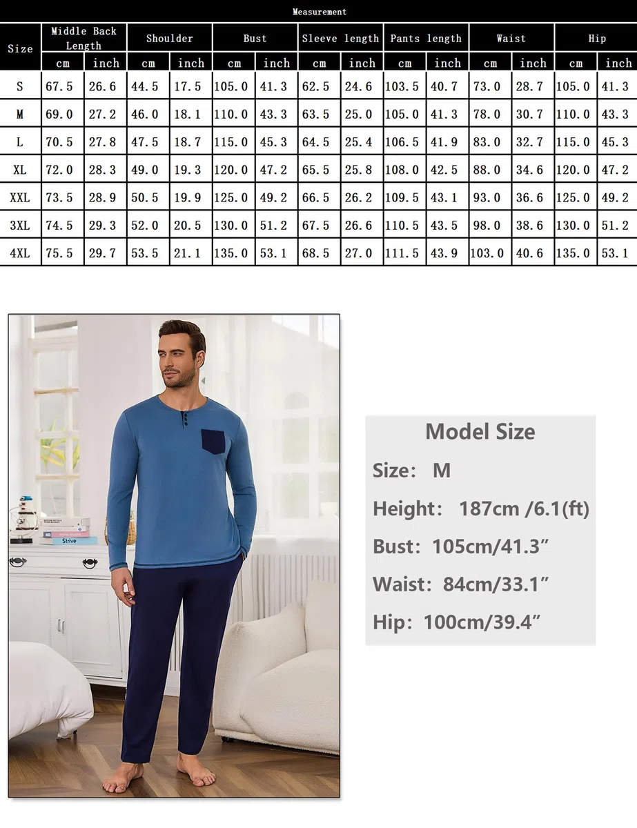 Bresdk Pigiama Invernale Uomo Cotone Lungo Abbigliamento da Casa Pigiami Lunghi con Bottoni Maglia Henley a Maniche Lunghe