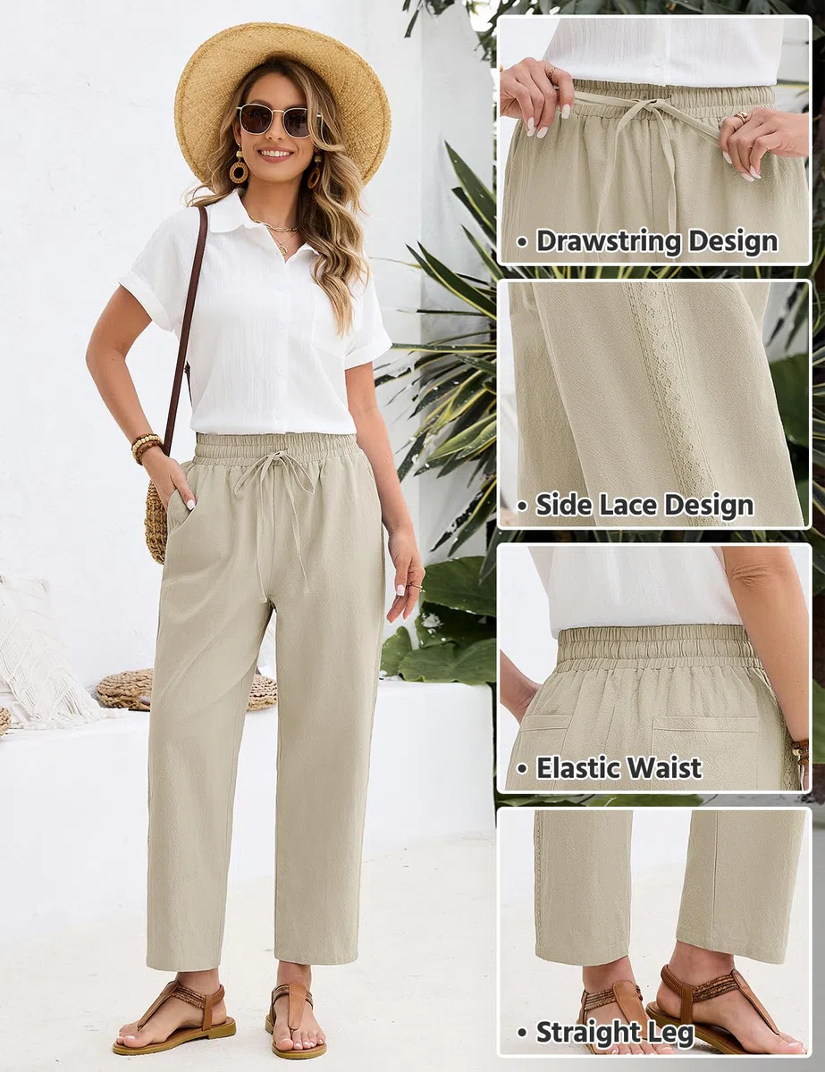 Pantaloni Donna Estivi 7/8 Leggeri Larghi Comodi Cotone Pantalone Elastico Vita Alta Casual Elegante Pantaloni da Lavoro Gamba Dritta Spiaggia Pantalone con Tasche
