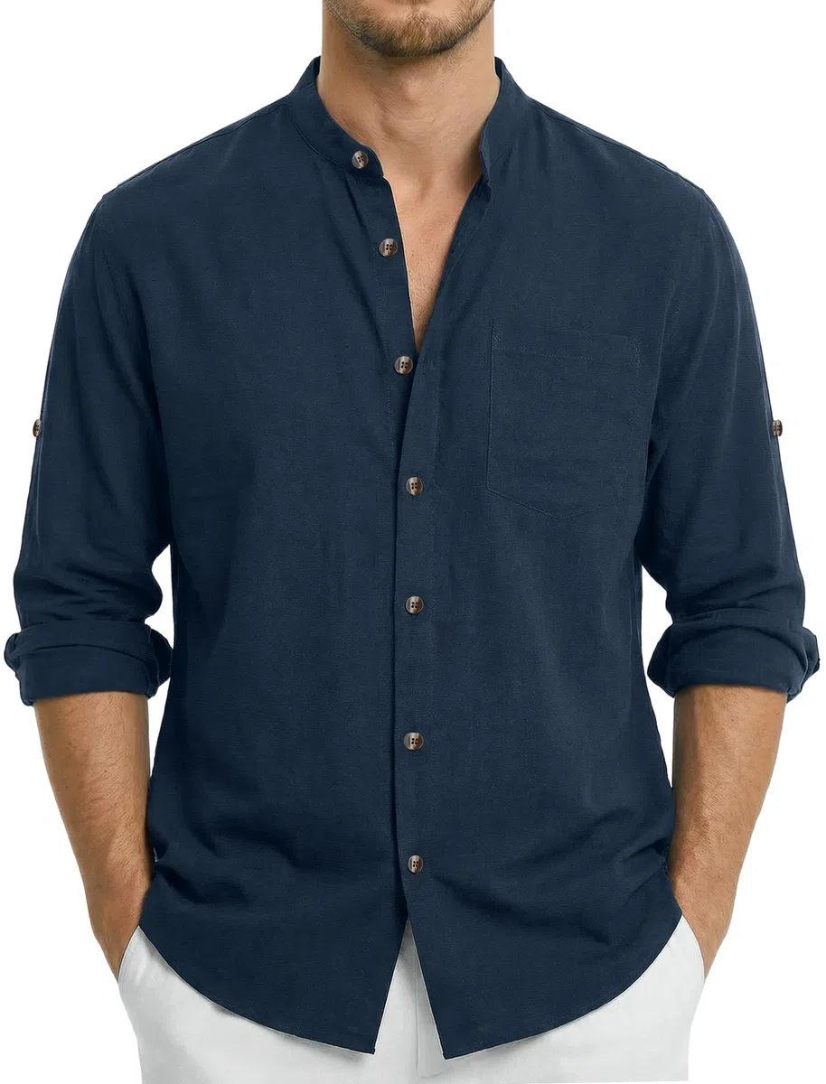 Enlision Camicia Lino Uomo Manica Lunga Estiva Camicia da Uomo Collo Coreana con Bottoni Maglia da Spiaggia Casual Henley Shirts S-2XL