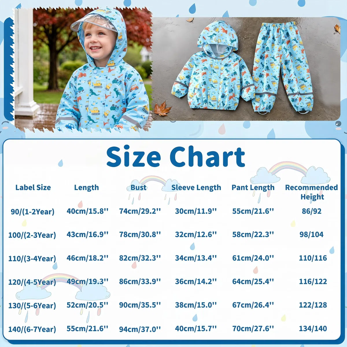Tuta Impermeabile Bambino Bambina Giacca & Pantaloni Antipioggia Leggero Traspirante Fodera in rete Tuta Pioggia Riflettente Completo Impermeabili Abbigliamento Bambini 1-7 Anni