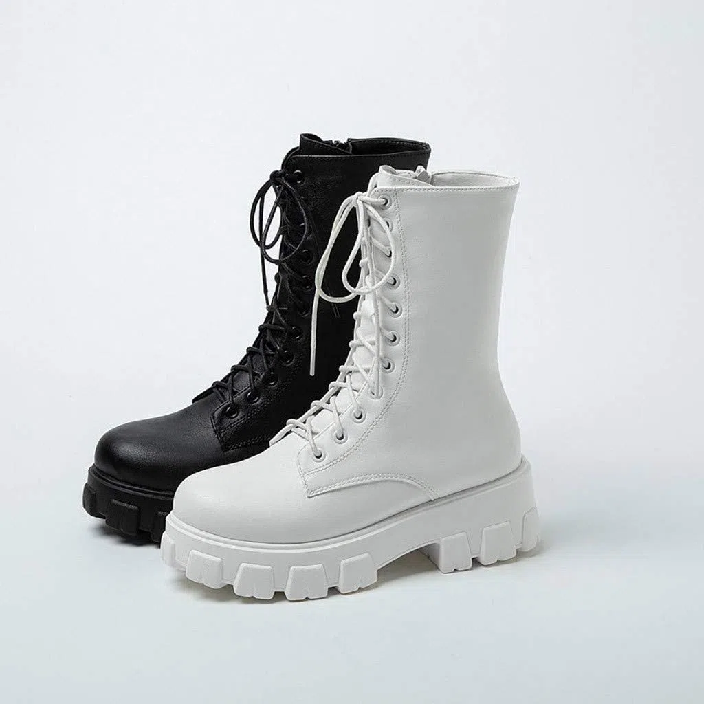 Stivali stringati da donna, da combattimento, da donna, in pelle, con plateau, da equitazione, per autunno, inverno, da lavoro