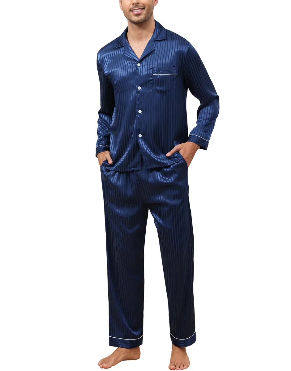 Pigiama da Uomo in Raso di Seta, Due Pezzi Set Completo con Camicia a Maniche Lunghe Bottoni e Pantaloni Eleganti con Tasche Abbigliamento Casa di Lusso