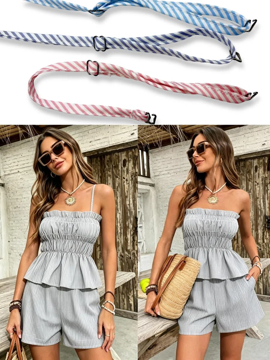 Tuta Donna Estiva 2 Pezzi a Righe Completo Corto Pantaloncini e Maglietta Senza Spalline Elegante da Spiaggia Casual con Tasche