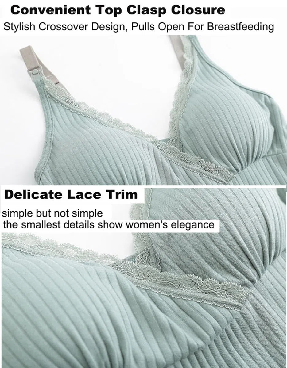 Confezione da 2 Canotta da Allattamento per Donna, Canottiera Pigiama Scollo a V in Pizzo con Cuscinetti Rimovibili per Dormire Allattamento Reggiseno Top Gravidanza Pigiama Canotte, M-3XL