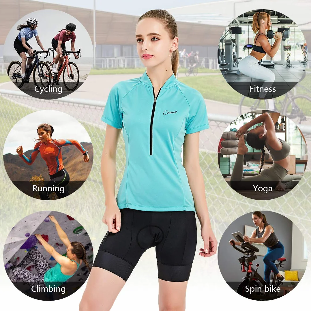 CATENA Maglia da Ciclismo da Donna a Maniche Corte Maglia da Ciclismo Mountain Bike Top Maglia da Ciclismo Pantaloncini da Bici MTB Bici da Strada Traspirante ad Asciugatura Rapida Monocromatica