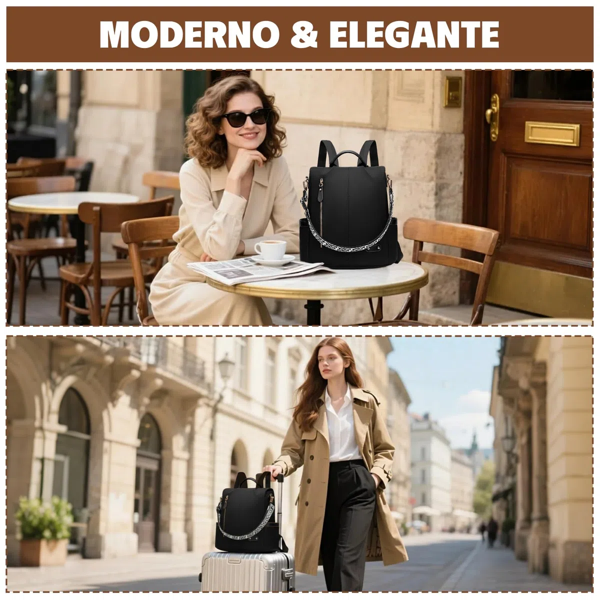 Zaino Antifurto Donna, Borsa Zaino Donna Elegante, Zainetto in Nylon, Zaini Piccola Casual Impermeabile con Custodie RFID, Convertibile da Spalla, Mano e Tracolla per Lavoro Viaggi Sportivo Scuola