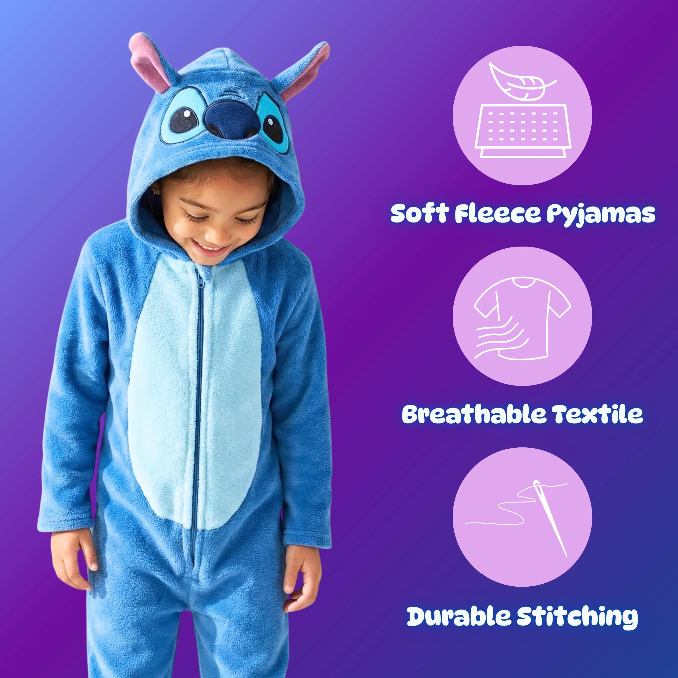 Disney Stitch Pigiama per Ragazze, Pigiama Intero in Morbido Pile con Cappuccio 3D per Bambina, Taglie 3 a 8 Anni
