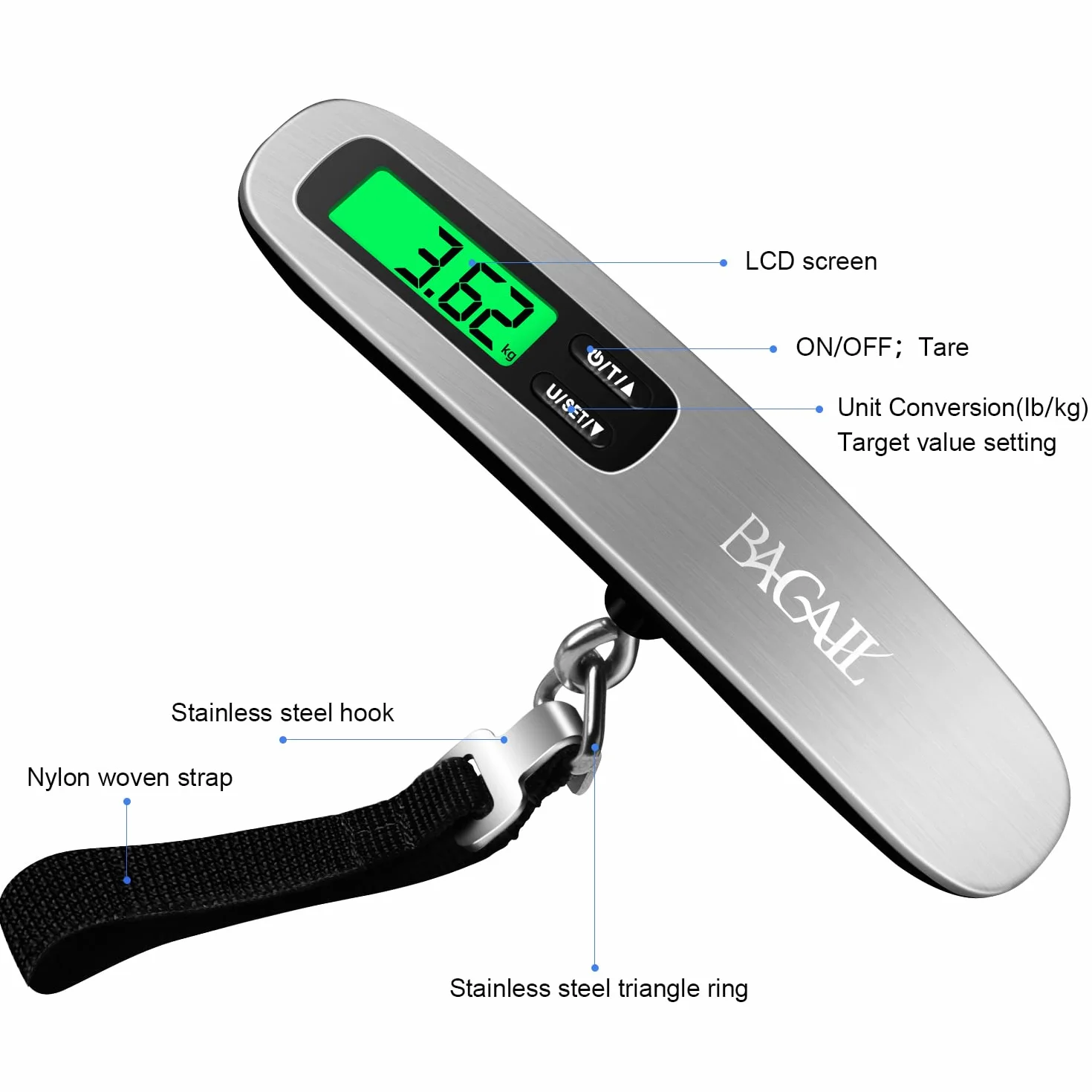 BAGAIL Bilancia per bagagli digitale, Pesavaligie Sospesa con Display LCD Retroilluminato, Bilancia da Viaggio, Bilancia per Valigie Portatile con Gancio, Capacità 110 libbre/50 kg, Batteria Inclusa