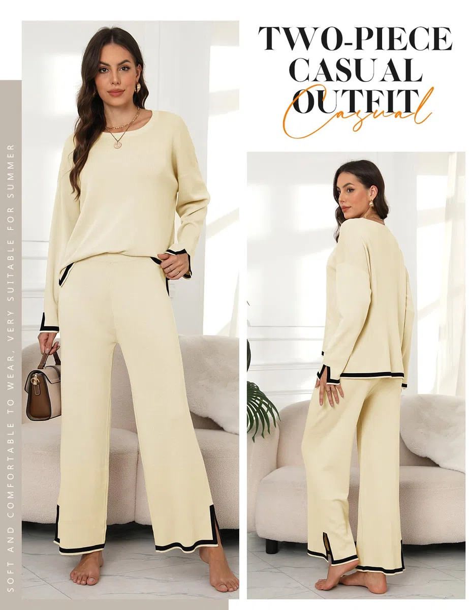 Yuson Girl Tuta Donna Elegante Completo 2 Pezzi Complete Tailleur in Maglia Maniche Lunghe Pullover Top Elastico in Vita Pantaloni a Gamba Larga Set Casa Autunnale Invernale Primavera