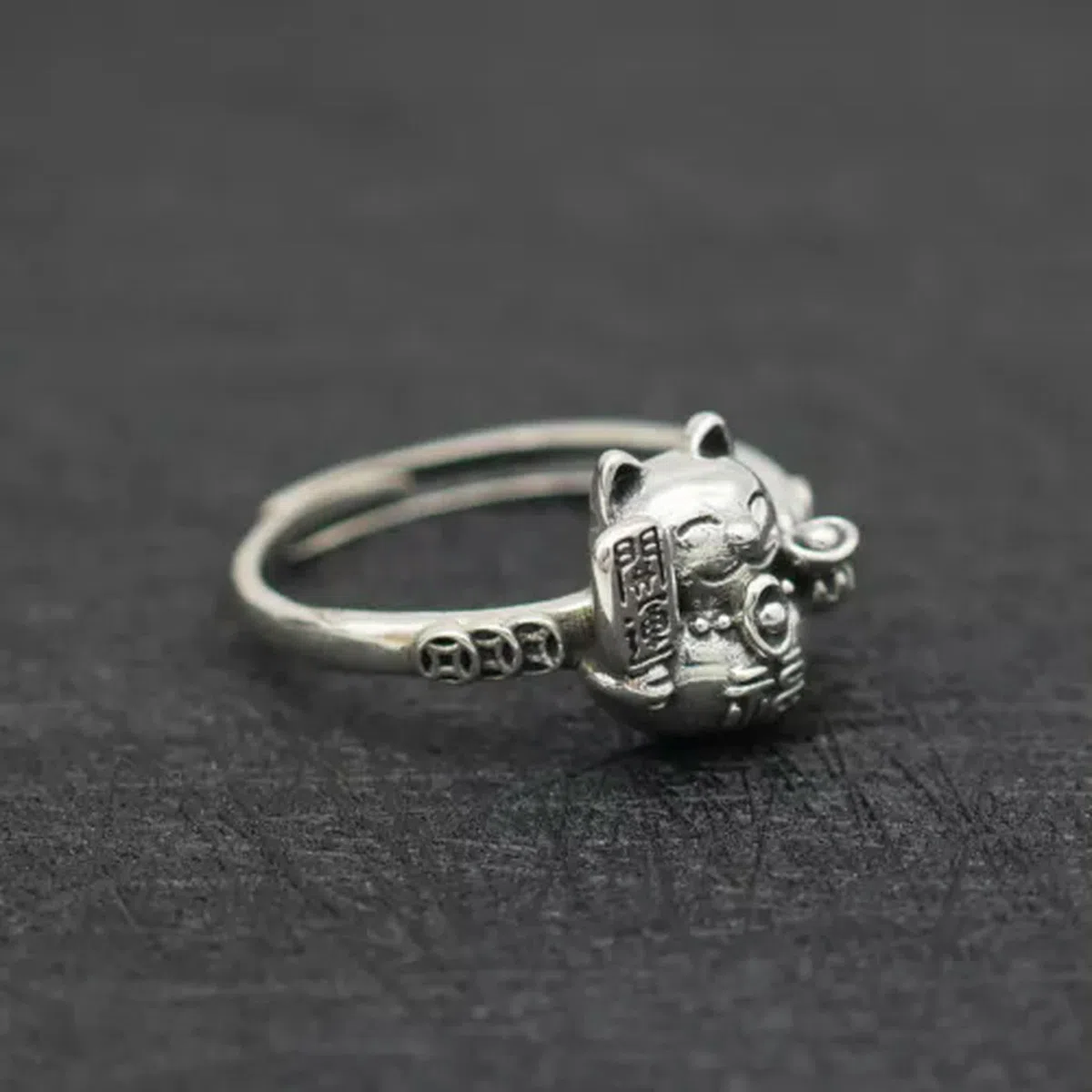 1PC Anello Regolabile Maneki-Neko con Gatto della Fortuna in Argento Antico-8