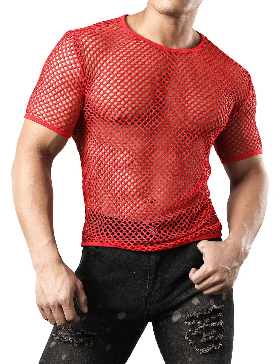 JOGAL Camicia da uomo a maniche corte trasparente muscolare