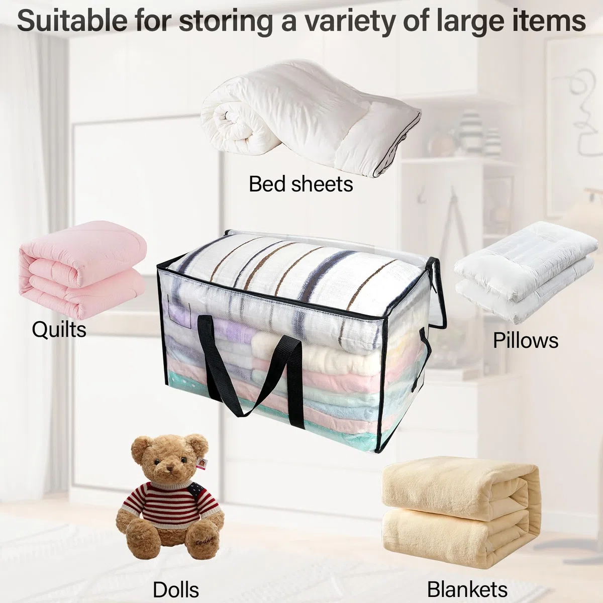 Pavlleen 4 Pezzi Borse in Plastica trasparente grandi,Borsa da 90 L trasloco grandi con cerniere e manici rinforzati,Borse di Stoccaggio Extra Large per Traslochi,stoccaggio,viaggi