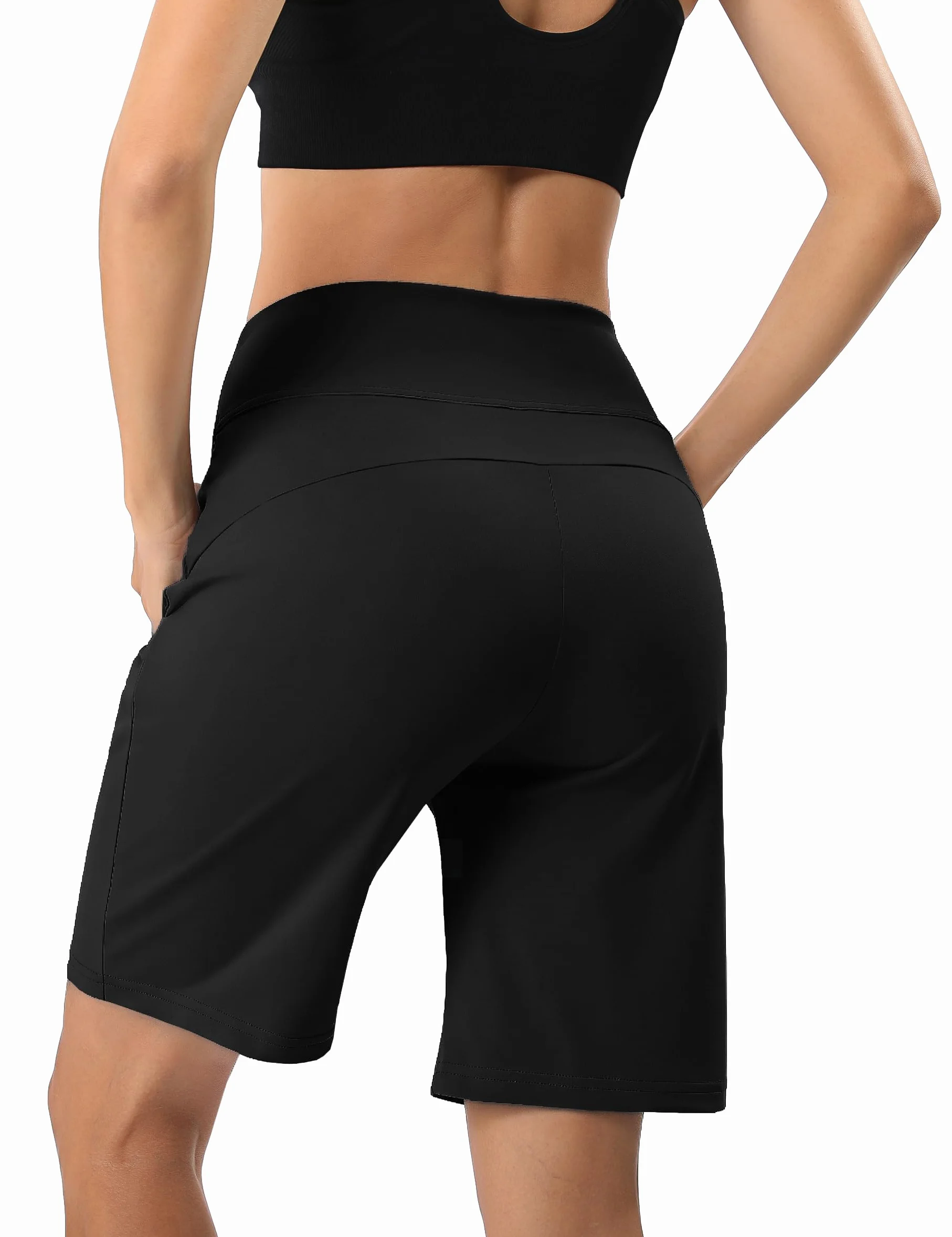 Litherday Pantaloncini estivi da donna, a vita alta, da yoga, a gamba larga, elasticizzati, lunghezza al ginocchio, da trekking, con tasche, taglie S-XXL