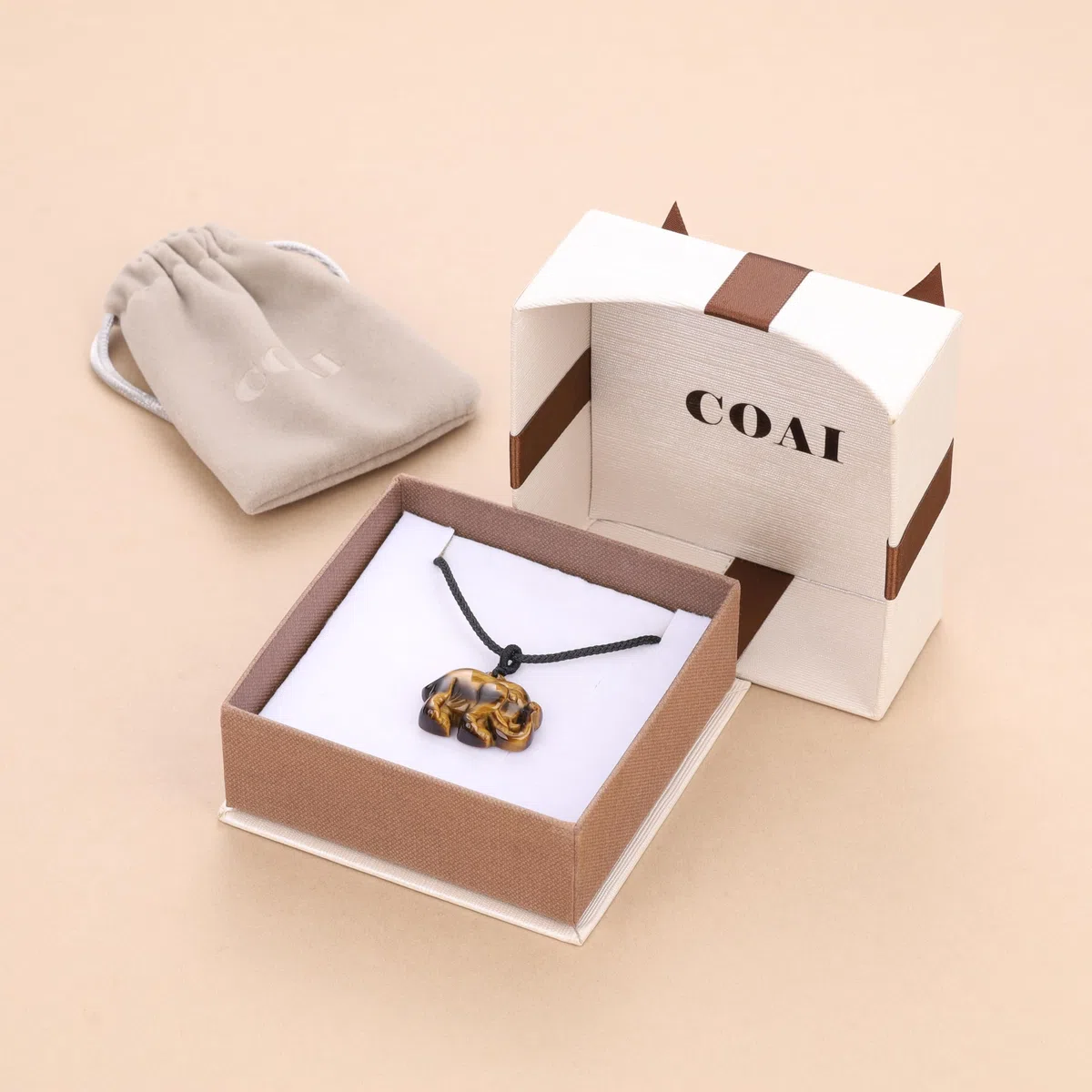 COAI Pendente Elefante in Pietra Dura Naturale Occhio di Tigre, Collana Pendente Unisex Laccio Regolabile