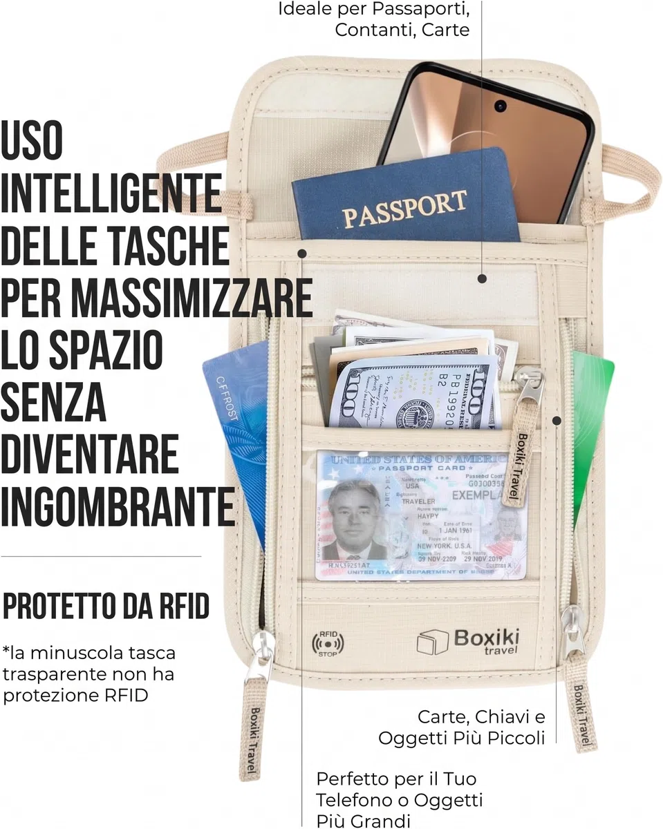 Portafoglio da Collo con Protezione RFID Beige - Borsello da Collo Antifurto in Nylon Ripstop Impermeabile con 5 Tasche e Tracolla Regolabile per Passaporto, Documenti, Carte e Contanti in Viaggio