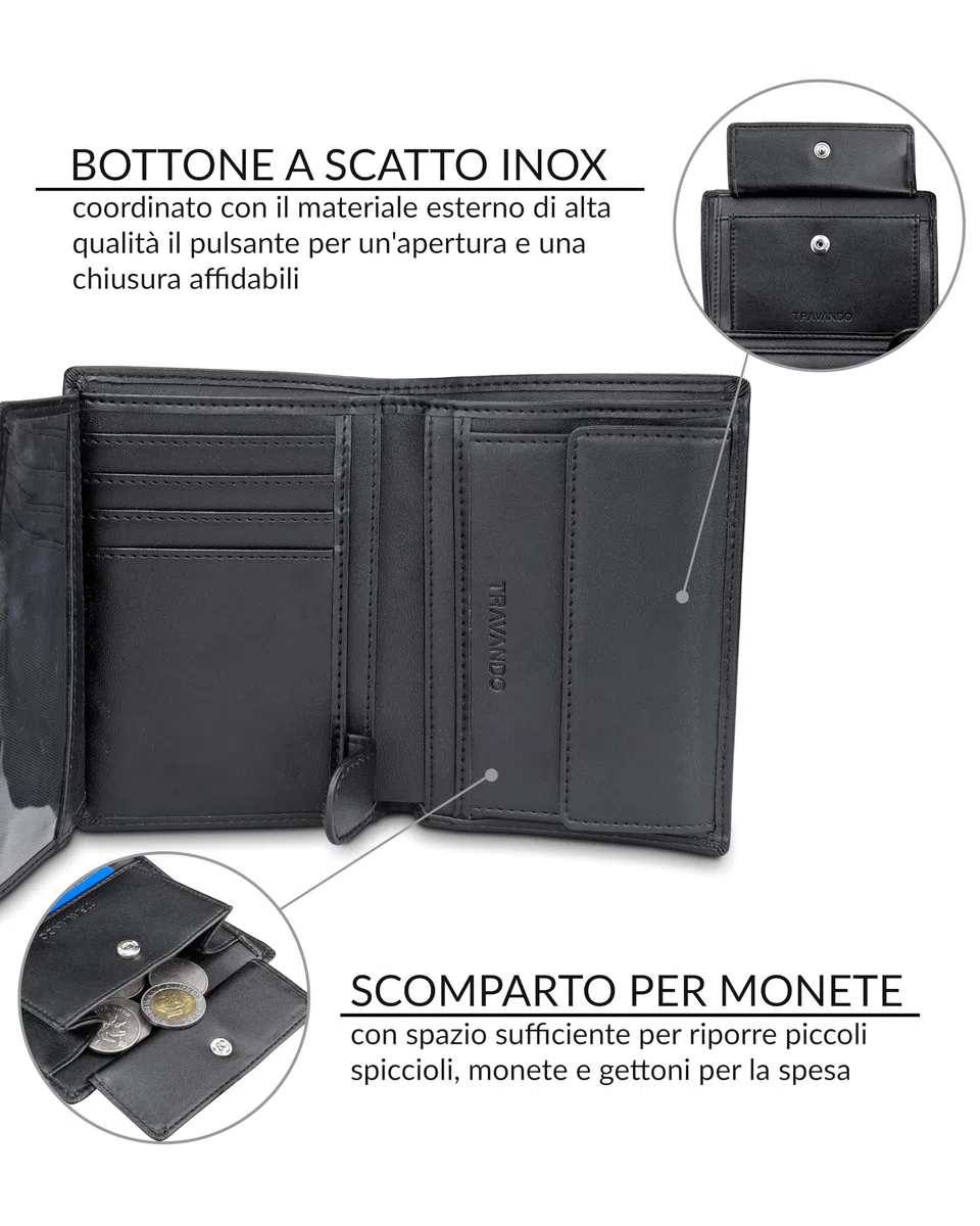 TRAVANDO Portafoglio Uomo Roma con protezione RFID - Porta Carte di Credito con Portamonete in formato Verticale