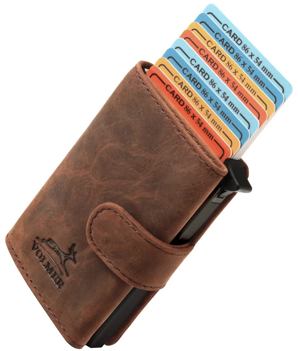 Fa.Volmer® - Porta carte pop-up in vera pelle, con/senza scomparto portamonete, unisex, max. 11 carte, protezione RFID, portafoglio VO24/31, marrone, m, Minimalista