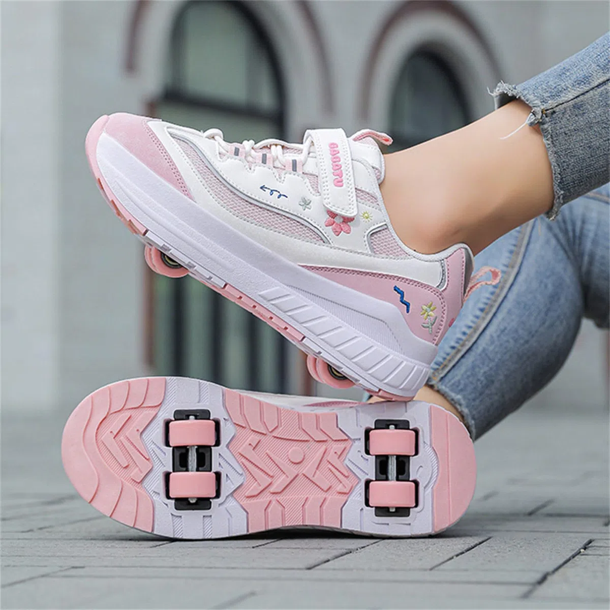 Mateju Scarpe con Rotelle Bambina Ragazza Ragazzo Sportive Scarpe da Skateboard, Fiori 4 Rotelle a Rimovibile Skateboard Ginnastica da Pattini Sneakers per Bambino