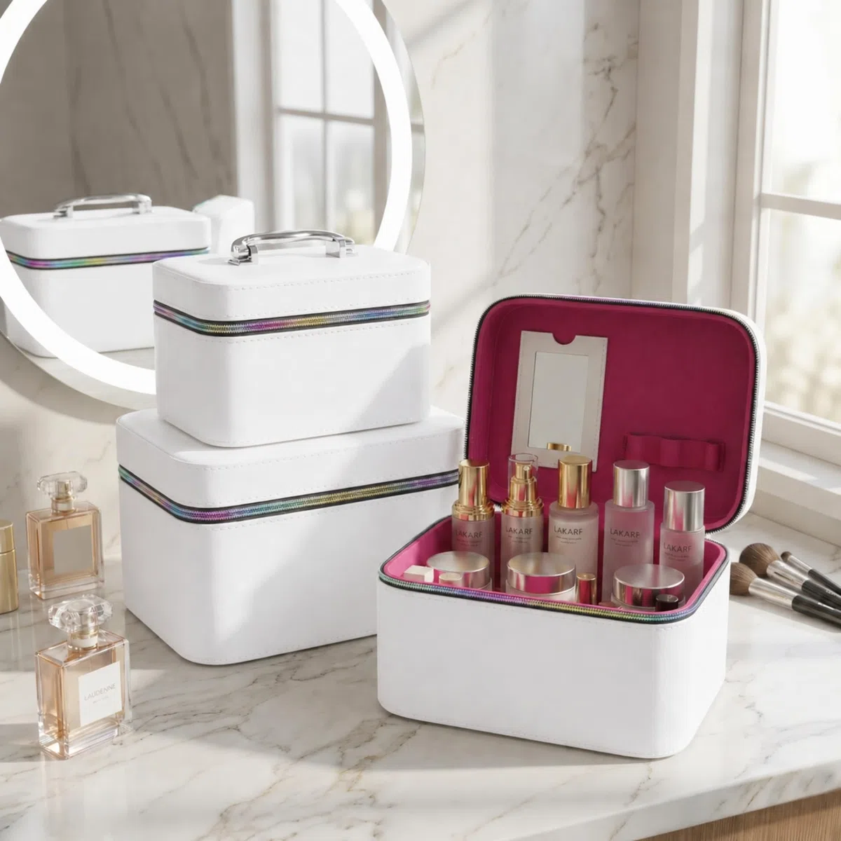 Beauty Case Donna da Viaggio Set 3 Pezzi, Borsa Porta Trucchi Rigida in Similpelle PU, Trousse Make Up con Manico e Zip, Valigetta Organizer Cosmetici Grande Medio Piccolo,Bianco tinta unita
