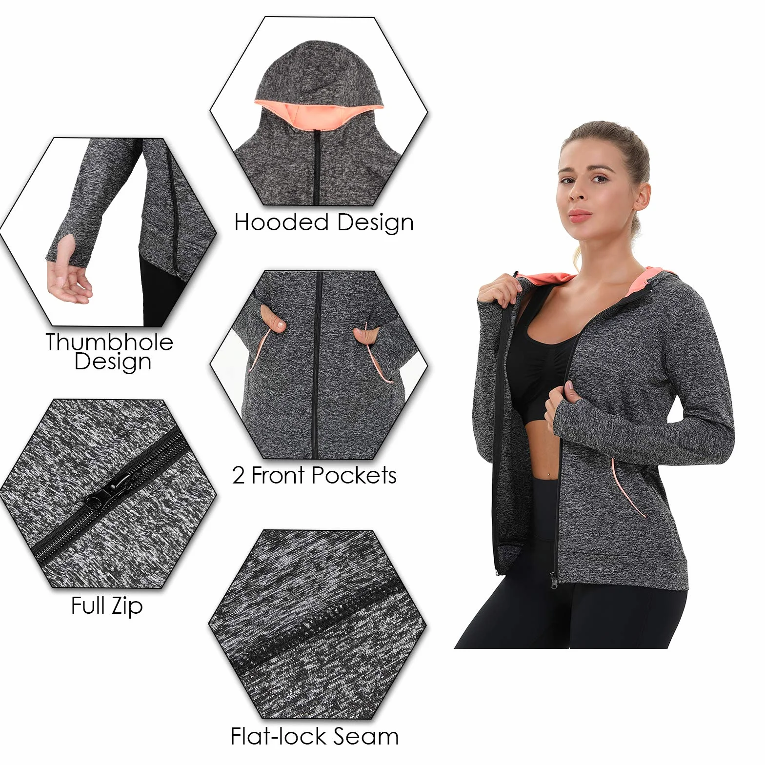 AMZSPORT Donna Felpa Sportiva Giacca da Running a Manica Lunga con Cappuccio con Tasche