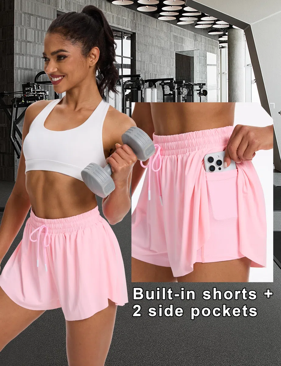Pantaloncini da Corsa per Donna, Pantaloncini Sportivi da Palestra per Tennis e Yoga con 2 Tasche, Allenamento da Donna Neri 2 in 1 con Fodera Interna