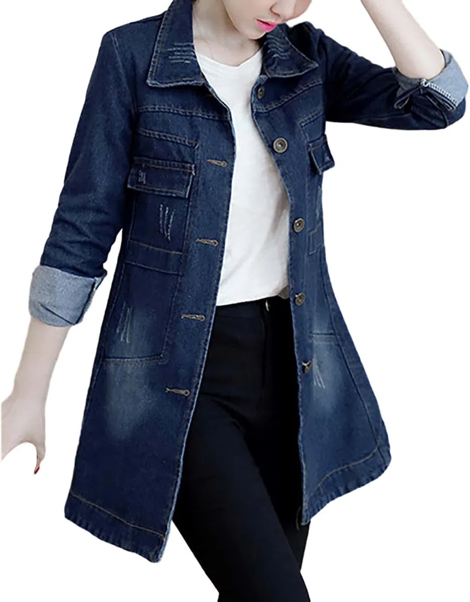 da Donna Elegante Lungo Oversize Abbottonato Trench Coat Risvolto Denim Parka con Bottoni Sottile Monopetto di Media Lunghezza Trench Giacca Autunnale